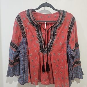 Free People Red and Blue Patterned Blouse